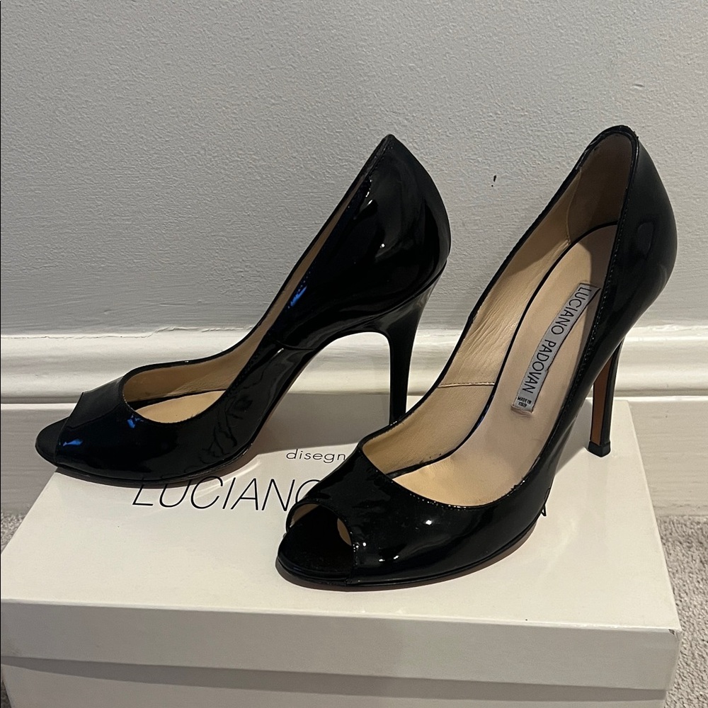 Luciano Padovan Black Patent Leather Peep Toe Heels